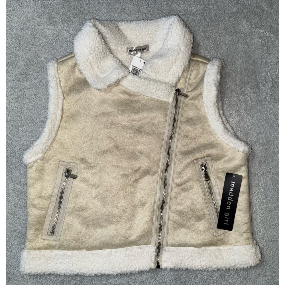 NWT Madden Girl Juniors' Faux-Shearling Moto Vest Zip Pockets Oatmeal Large